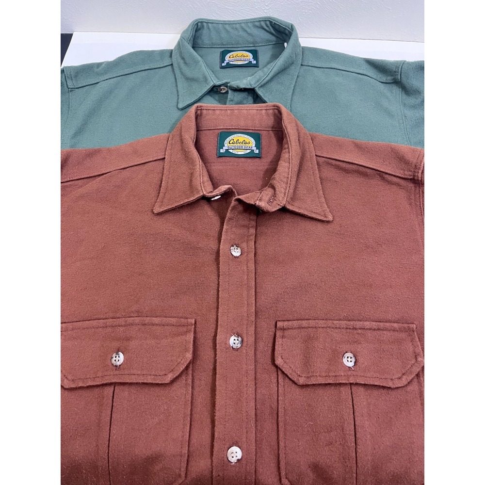 VTG Cabela's Heavyweight 100% Cotton Chamois Shirts (2) Size L Green & Brown USA